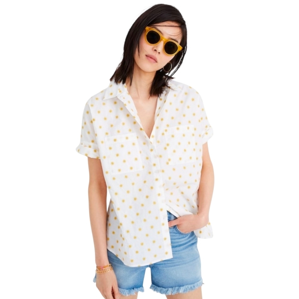 Madewell Courier Shirt White Sun Embroidered Short Sleeve Button Collared Top XS - Picture 2 of 8